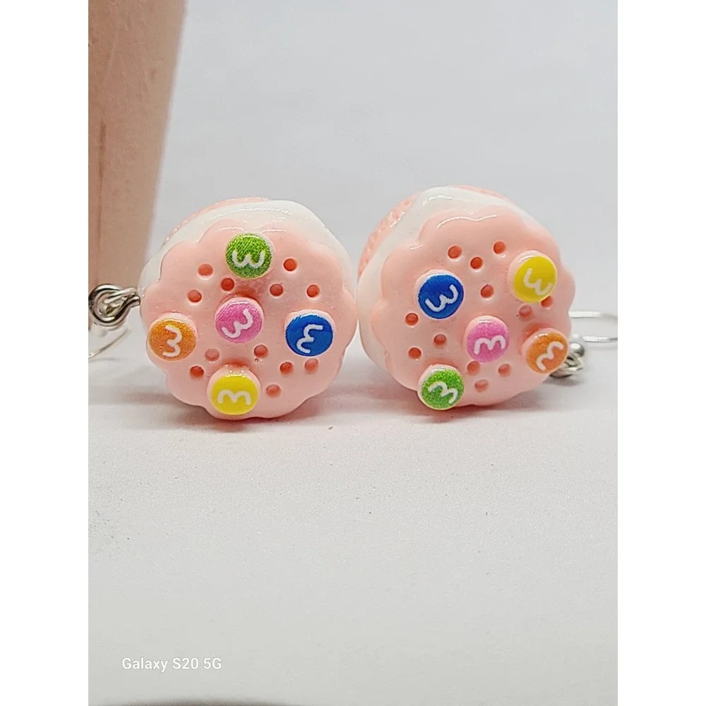 Handmade‎ Pink Sandwich Cookie Drop Earrings Food Jewelry Candy Accents